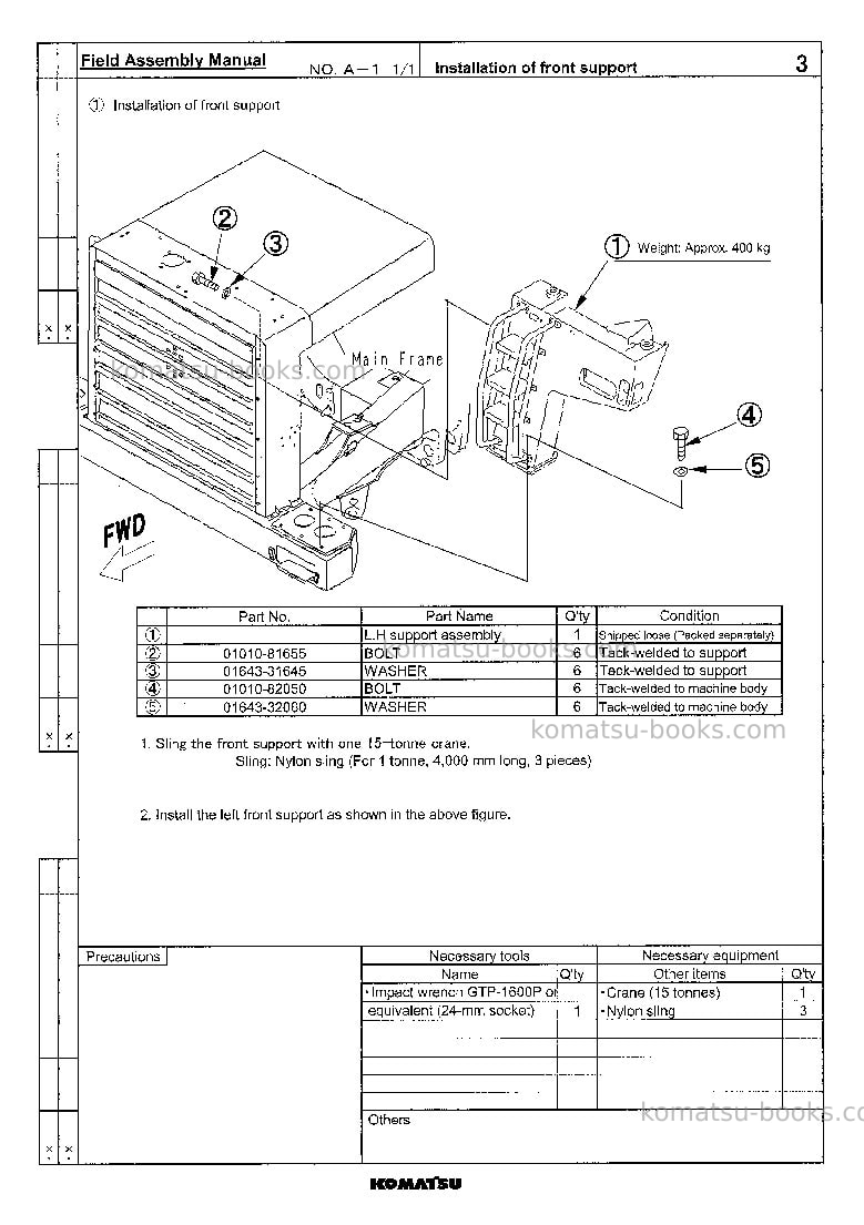 Komatsu hd985-5jpn-front cab guard Field assembly manual cover Page 5 Komatsu hd985-5jpn-front cab guard Field assembly manual cover Page 5