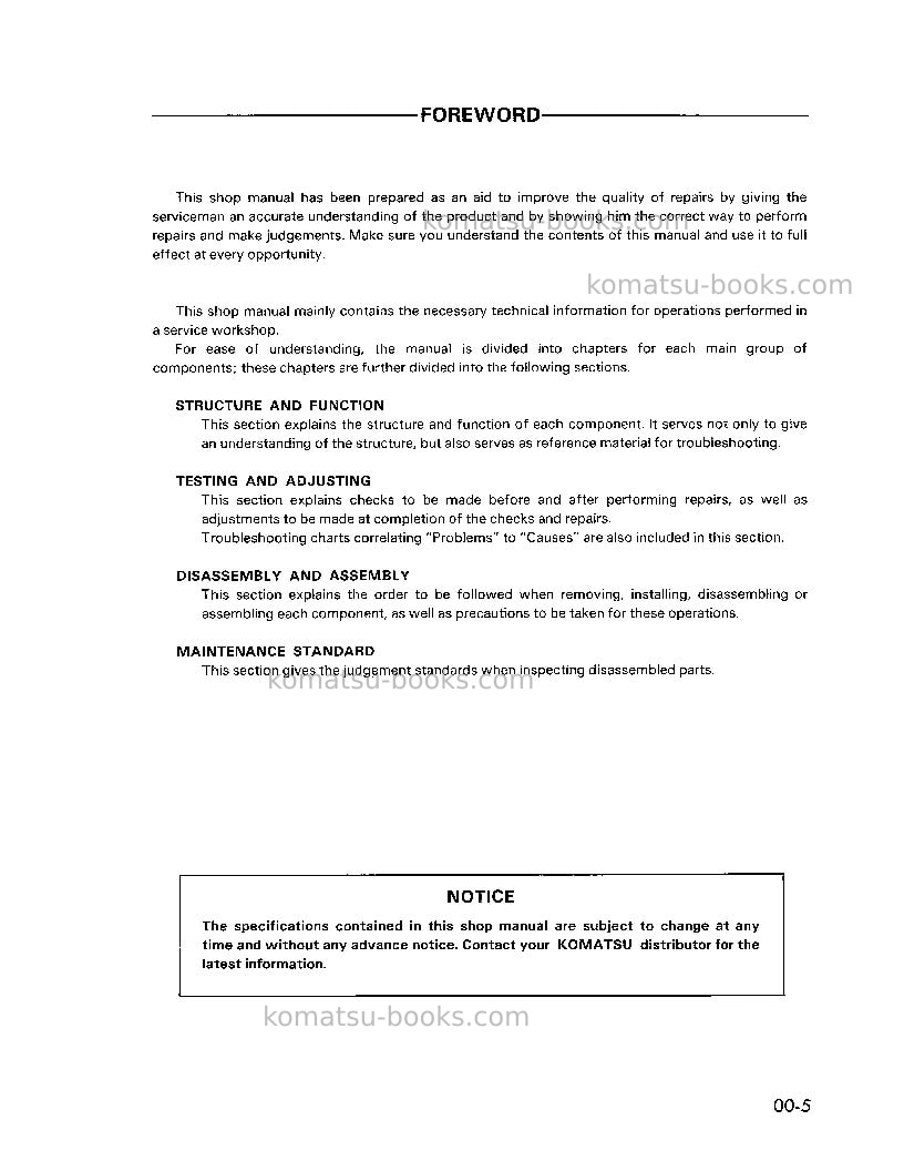 Komatsu pc150lc-5usa Repair & maintenance cover Page 5 Komatsu pc150lc-5usa Repair & maintenance cover Page 5