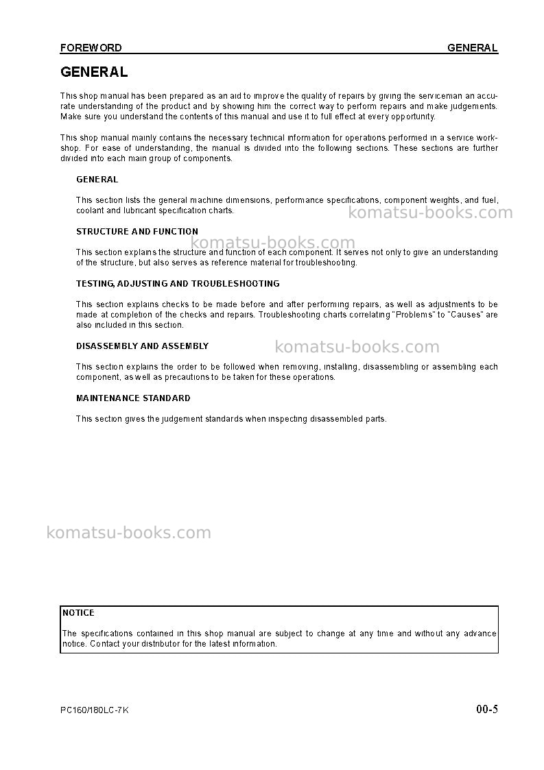Komatsu pc180lc-7gbr-k Repair & maintenance cover Page 5 Komatsu pc180lc-7gbr-k Repair & maintenance cover Page 5