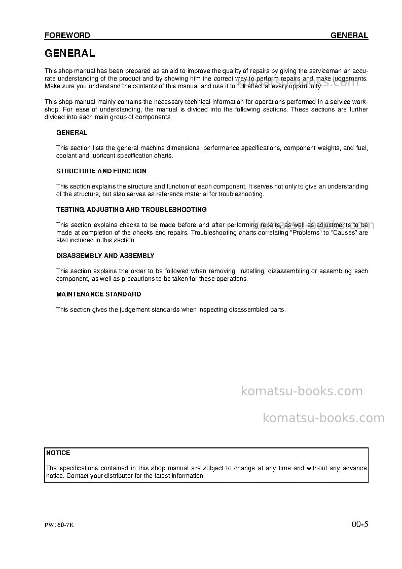 Komatsu pw160-7gbr-k Repair & maintenance cover Page 5
