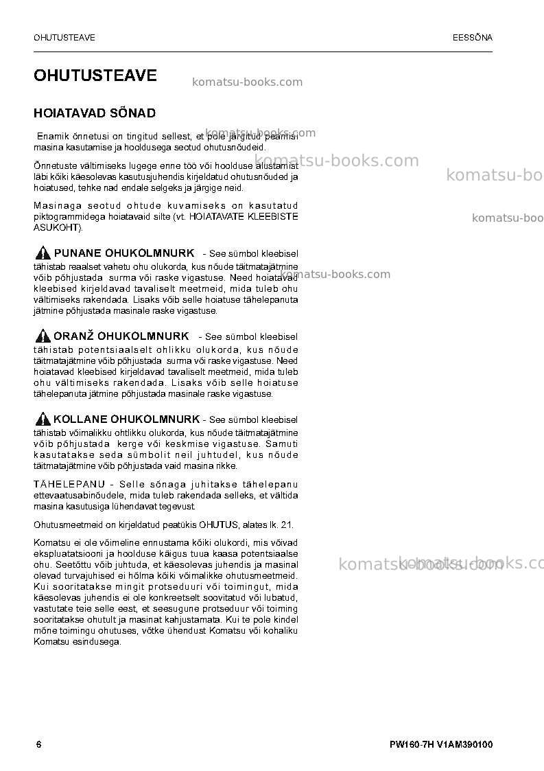 Komatsu pw160-7deu Operation manual cover Page 5