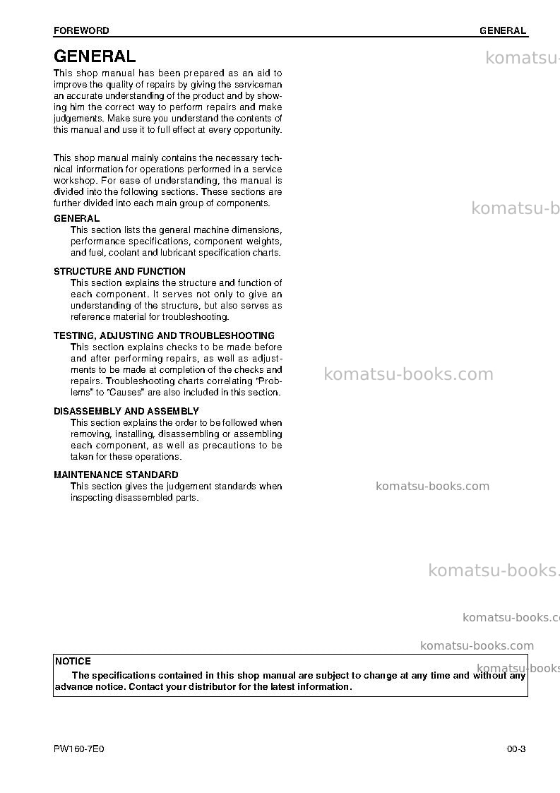 Komatsu pw160-7deu-tier 3 Repair & maintenance cover Page 5