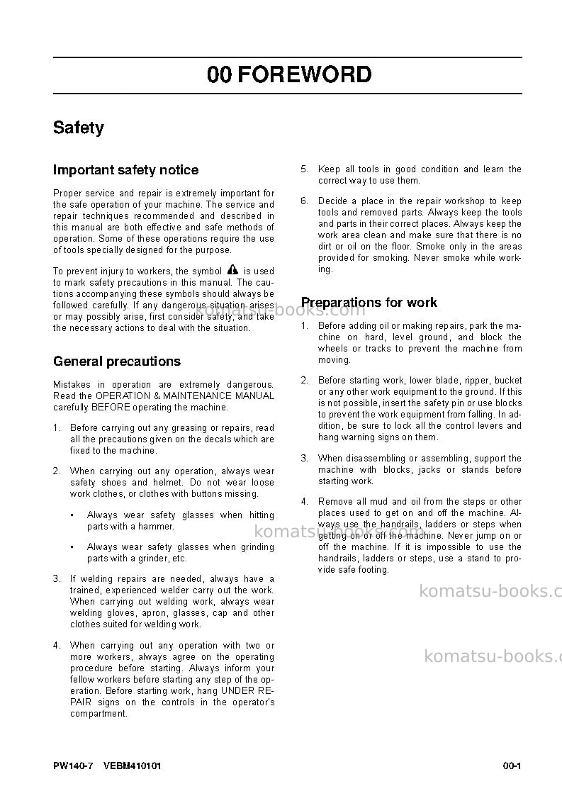 Komatsu pw140-7deu Repair & maintenance cover Page 5