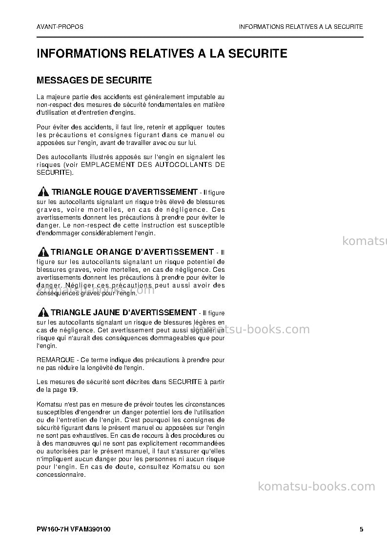 Komatsu pw160-7deu Manuel d'utilisation couverture Page 5 Komatsu pw160-7deu Manuel d'utilisation couverture Page 5