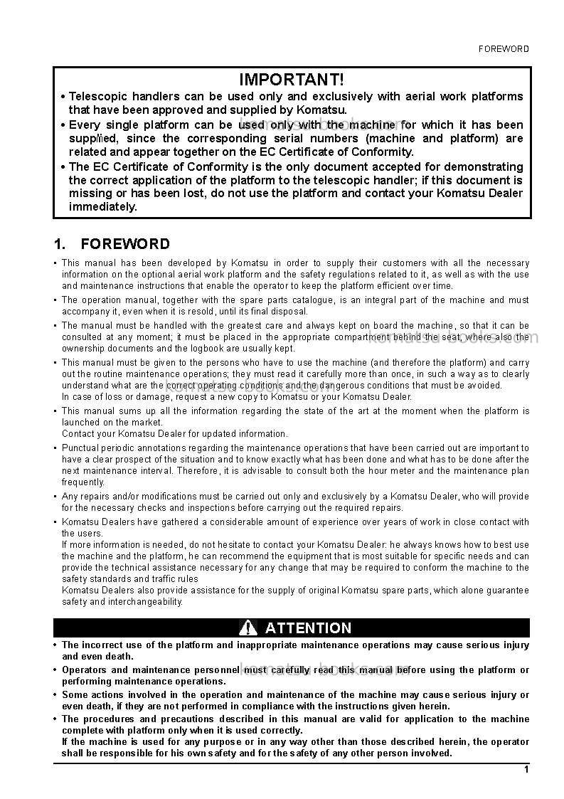 Komatsu wh714-1ita Operation manual cover Page 5 Komatsu wh714-1ita Operation manual cover Page 5