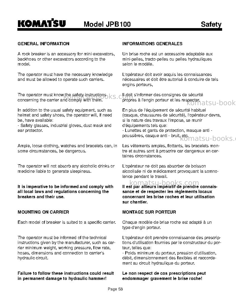 Komatsu jbp100usa Operation manual cover Page 6 Komatsu jbp100usa Operation manual cover Page 6