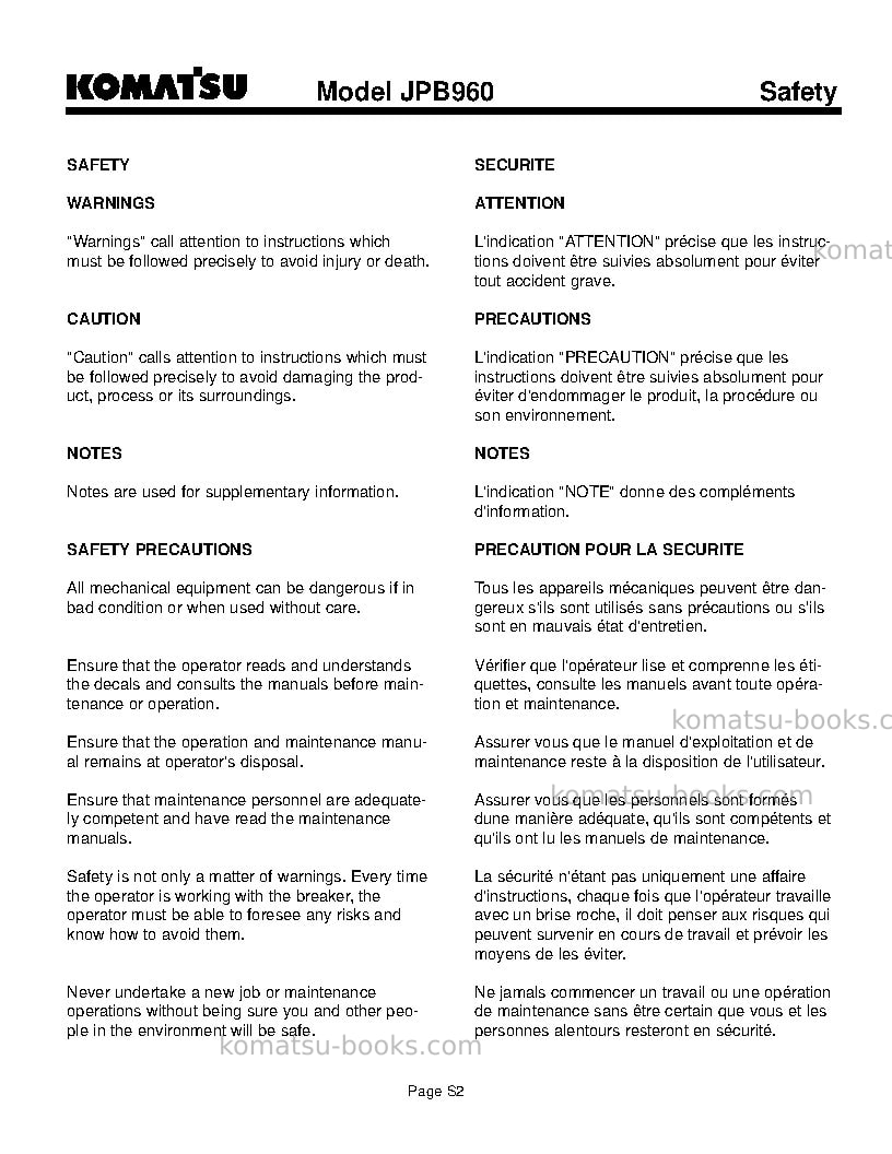 Komatsu jpb960usa Operation manual cover Page 6 Komatsu jpb960usa Operation manual cover Page 6