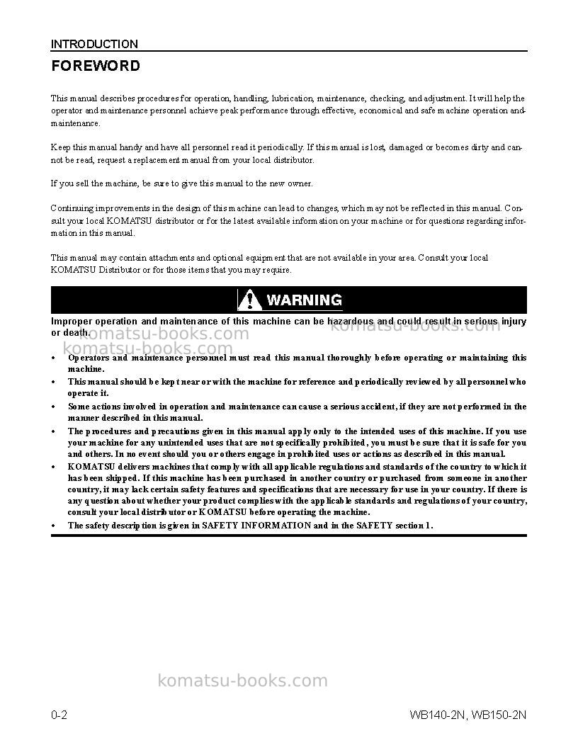 Komatsu wb150-2usa-n Operation manual cover Page 6 Komatsu wb150-2usa-n Operation manual cover Page 6