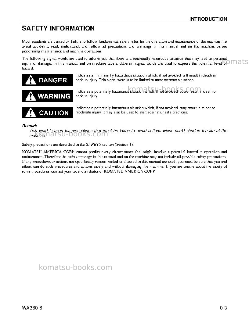 Komatsu wa380-6usa Operation manual cover Page 6