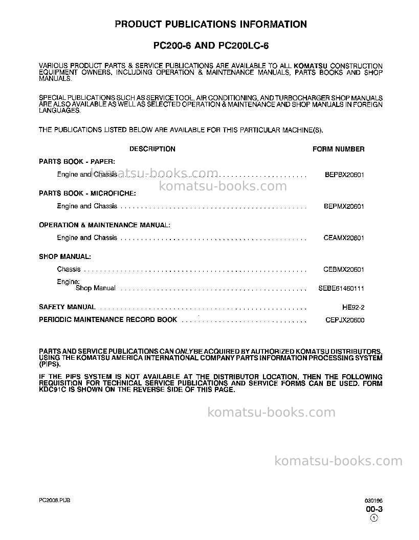 Komatsu pc250lc-6usa-l Repair & maintenance cover Page 6 Komatsu pc250lc-6usa-l Repair & maintenance cover Page 6