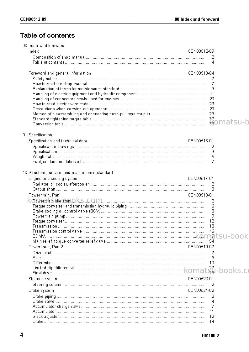 Komatsu hm400-2usa Repair & maintenance cover Page 6 Komatsu hm400-2usa Repair & maintenance cover Page 6