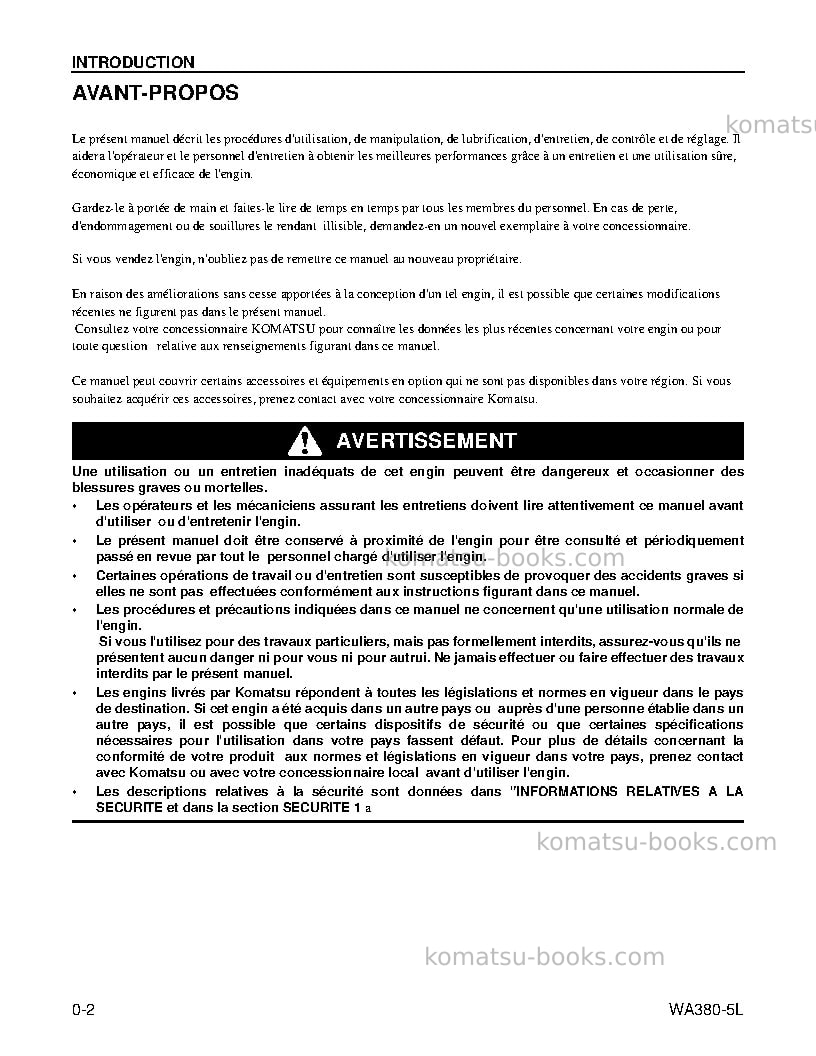 Komatsu wa380-5usa-l Manuel d'utilisation couverture Page 6