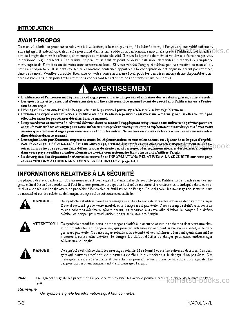 Komatsu pc400lc-7usa-l Manuel d'utilisation couverture Page 6 Komatsu pc400lc-7usa-l Manuel d'utilisation couverture Page 6