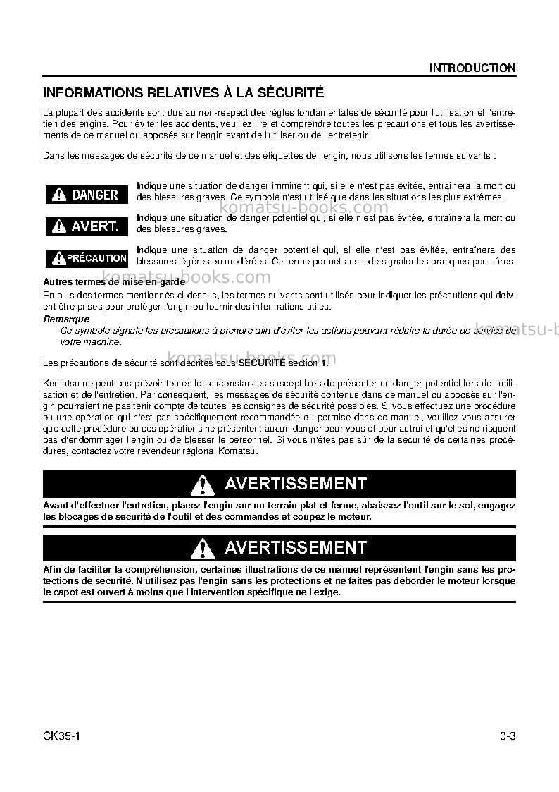 Komatsu ck35-1usa Manuel d'utilisation couverture Page 6 Komatsu ck35-1usa Manuel d'utilisation couverture Page 6