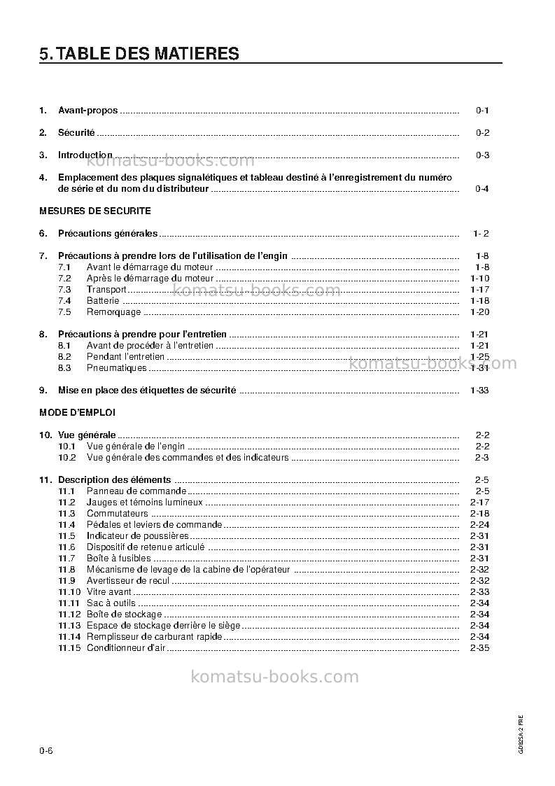 Komatsu gd825a-2usa Manuel d'utilisation couverture Page 6 Komatsu gd825a-2usa Manuel d'utilisation couverture Page 6
