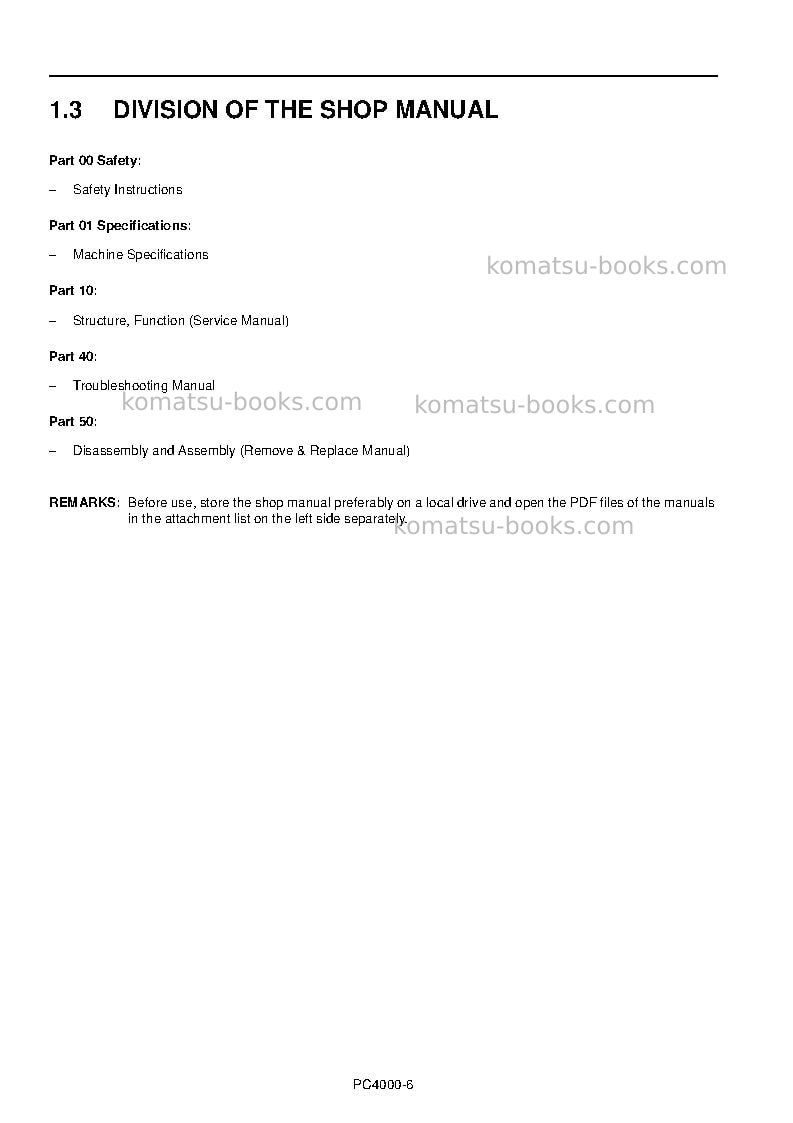 Komatsu pc4000-6deu Repair & maintenance cover Page 6 Komatsu pc4000-6deu Repair & maintenance cover Page 6