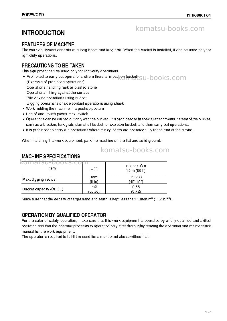 Komatsu pc220lc-8jpn-super long front spec. Operation manual cover Page 6 Komatsu pc220lc-8jpn-super long front spec. Operation manual cover Page 6