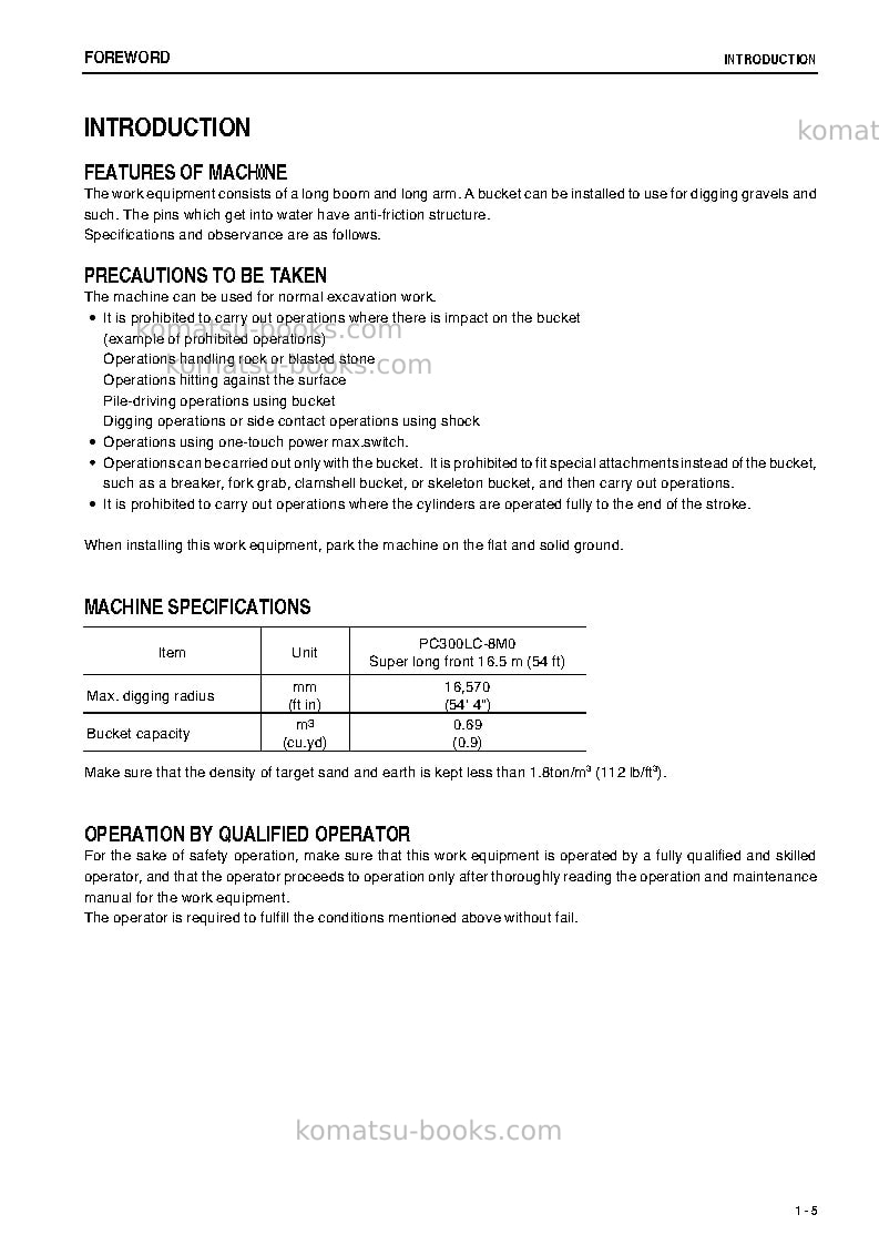 Komatsu pc300lc-8jpn-m0, super long front spec. Operation manual cover Page 6 Komatsu pc300lc-8jpn-m0, super long front spec. Operation manual cover Page 6
