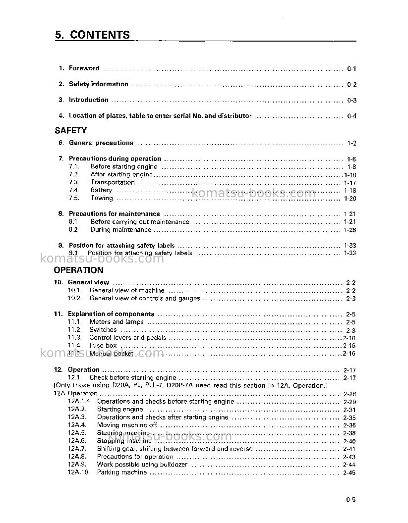 Komatsu d20p-7jpn-emission eng. Operation manual cover Page 6 Komatsu d20p-7jpn-emission eng. Operation manual cover Page 6