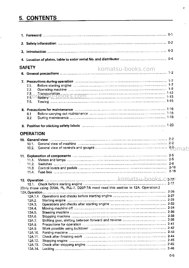 Komatsu d20a-7jpn Operation manual cover Page 6 Komatsu d20a-7jpn Operation manual cover Page 6