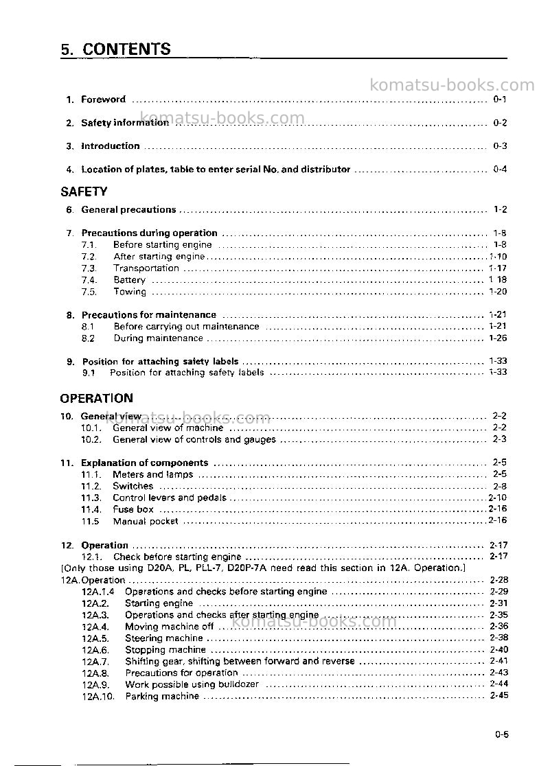 Komatsu d20a-7jpn Operation manual cover Page 6 Komatsu d20a-7jpn Operation manual cover Page 6
