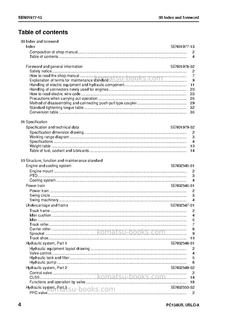 Komatsu pc138uslc-8jpn Repair & maintenance cover Page 6 Komatsu pc138uslc-8jpn Repair & maintenance cover Page 6