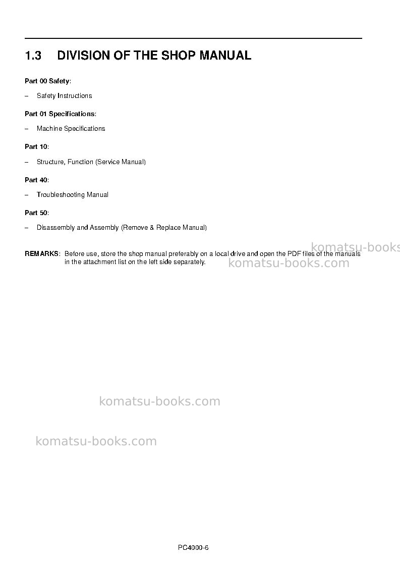 Komatsu pc4000-6deu Repair & maintenance cover Page 6 Komatsu pc4000-6deu Repair & maintenance cover Page 6