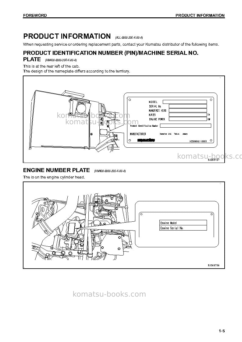 Komatsu hm400-3jpn Operation manual cover Page 6 Komatsu hm400-3jpn Operation manual cover Page 6