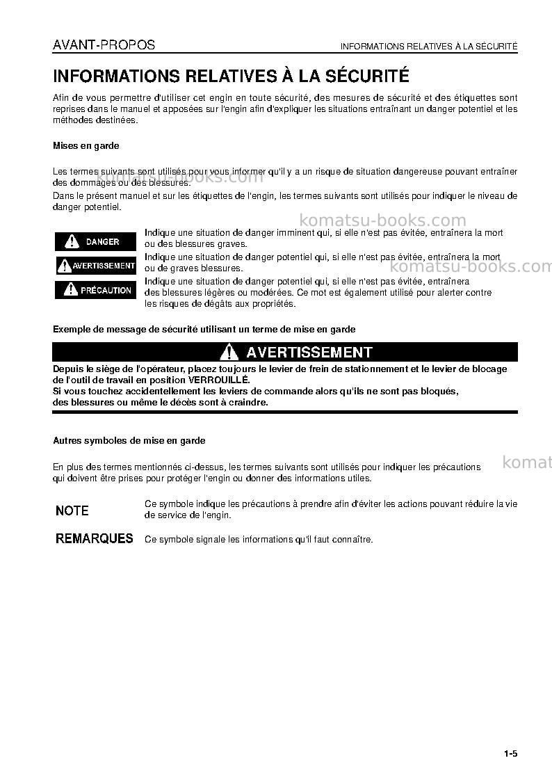 Komatsu d475a-5jpn-e0 Manuel d'utilisation couverture Page 6