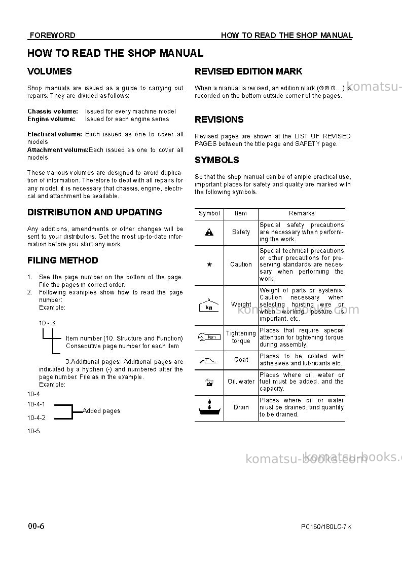 Komatsu pc180lc-7gbr-k Repair & maintenance cover Page 6 Komatsu pc180lc-7gbr-k Repair & maintenance cover Page 6
