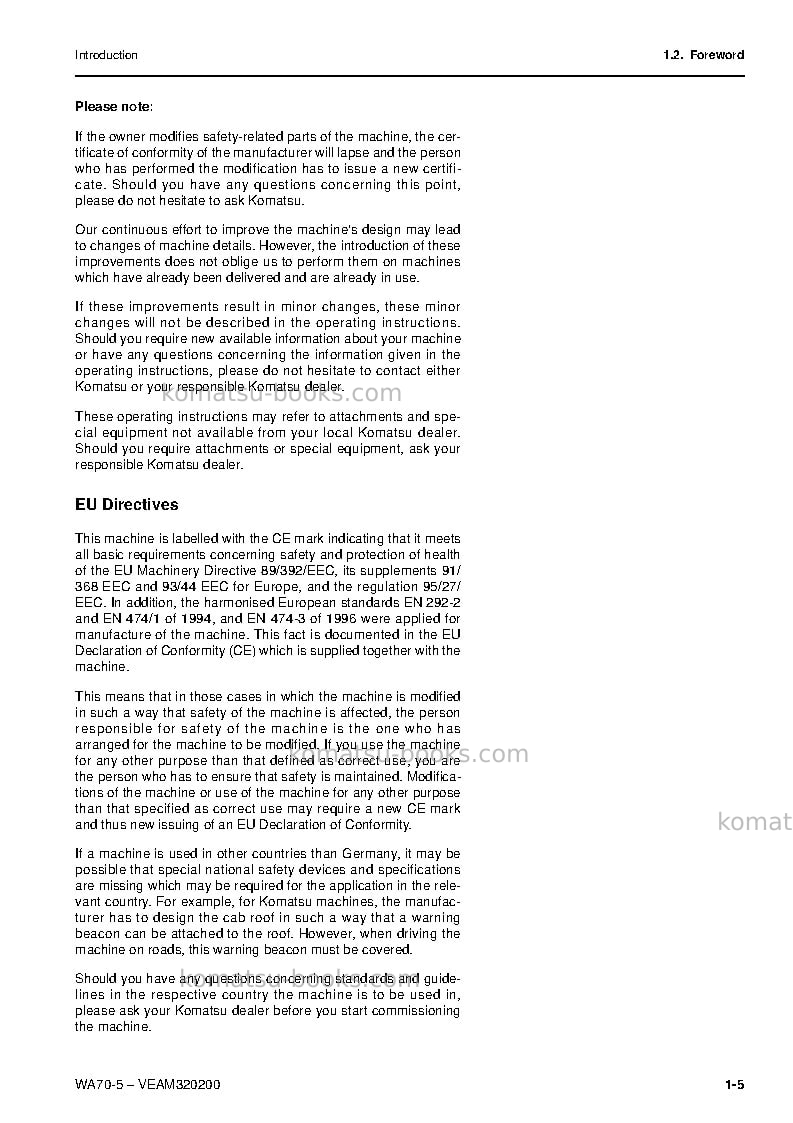 Komatsu wa70-5deu Operation manual cover Page 6 Komatsu wa70-5deu Operation manual cover Page 6