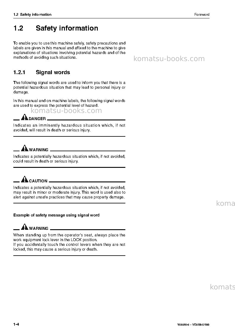 Komatsu wa480-6deu Operation manual cover Page 6 Komatsu wa480-6deu Operation manual cover Page 6