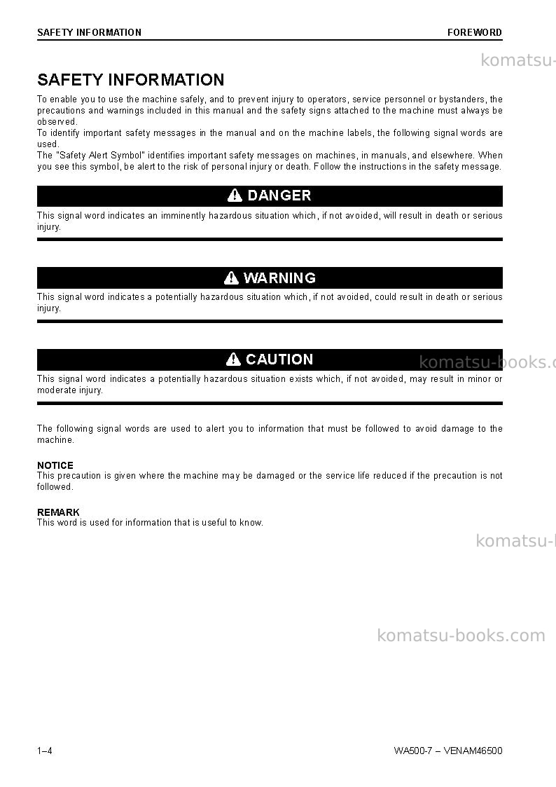 Komatsu wa500-7deu Operation manual cover Page 6 Komatsu wa500-7deu Operation manual cover Page 6