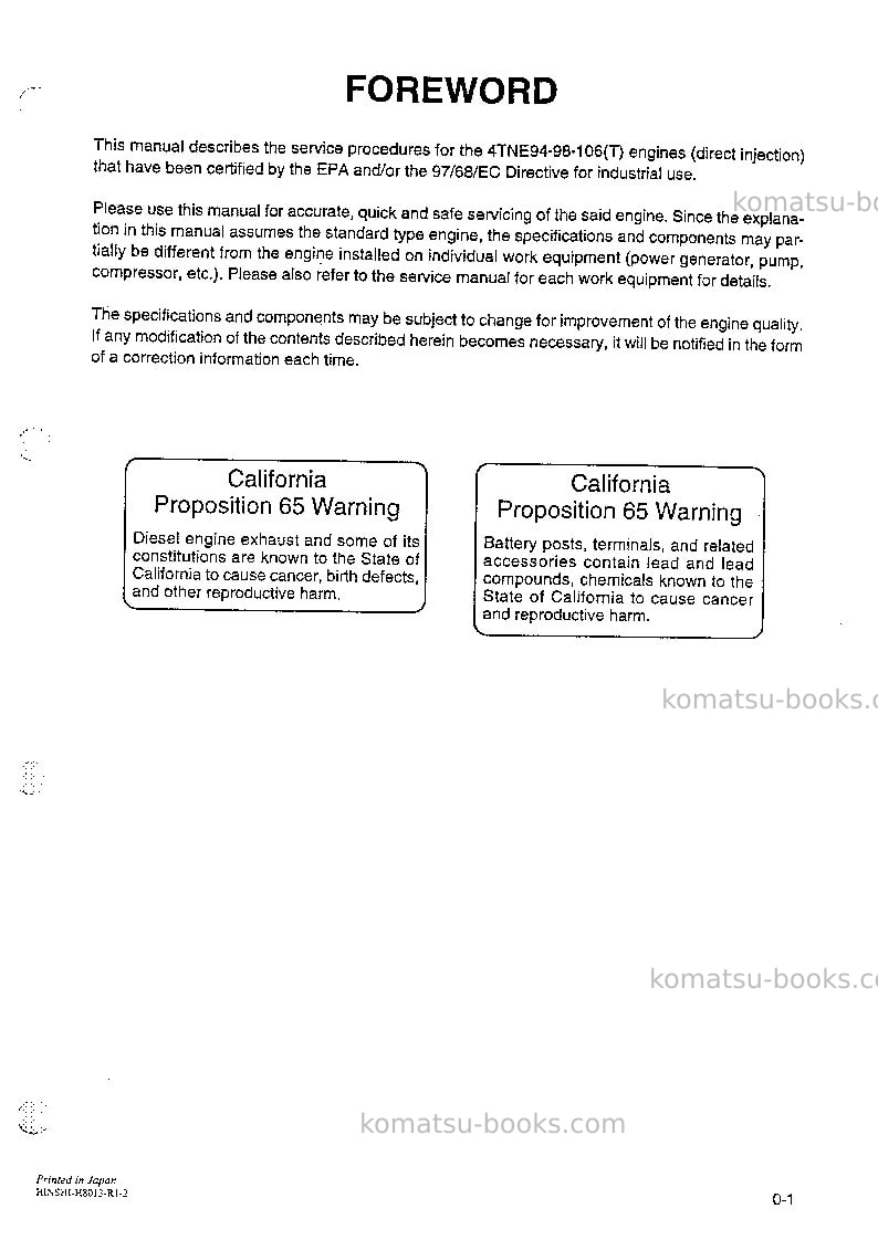 Komatsu 4tne yanmar-4deu-tne Repair & maintenance cover Page 6 Komatsu 4tne yanmar-4deu-tne Repair & maintenance cover Page 6