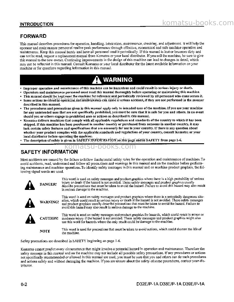 Komatsu d38p-1usa-a Operation manual cover Page 7 Komatsu d38p-1usa-a Operation manual cover Page 7