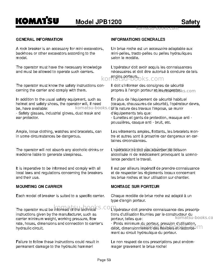 Komatsu jpb1200usa Operation manual cover Page 7 Komatsu jpb1200usa Operation manual cover Page 7
