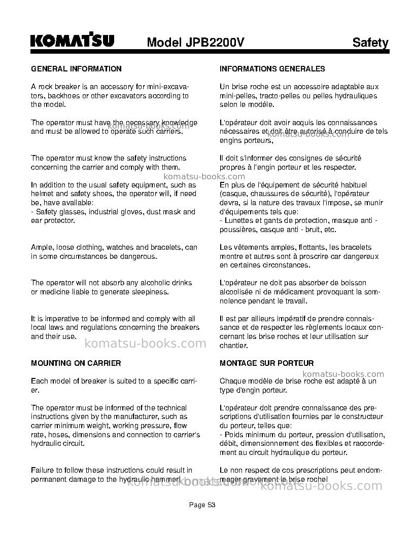 Komatsu jpb2200vusa Operation manual cover Page 7 Komatsu jpb2200vusa Operation manual cover Page 7