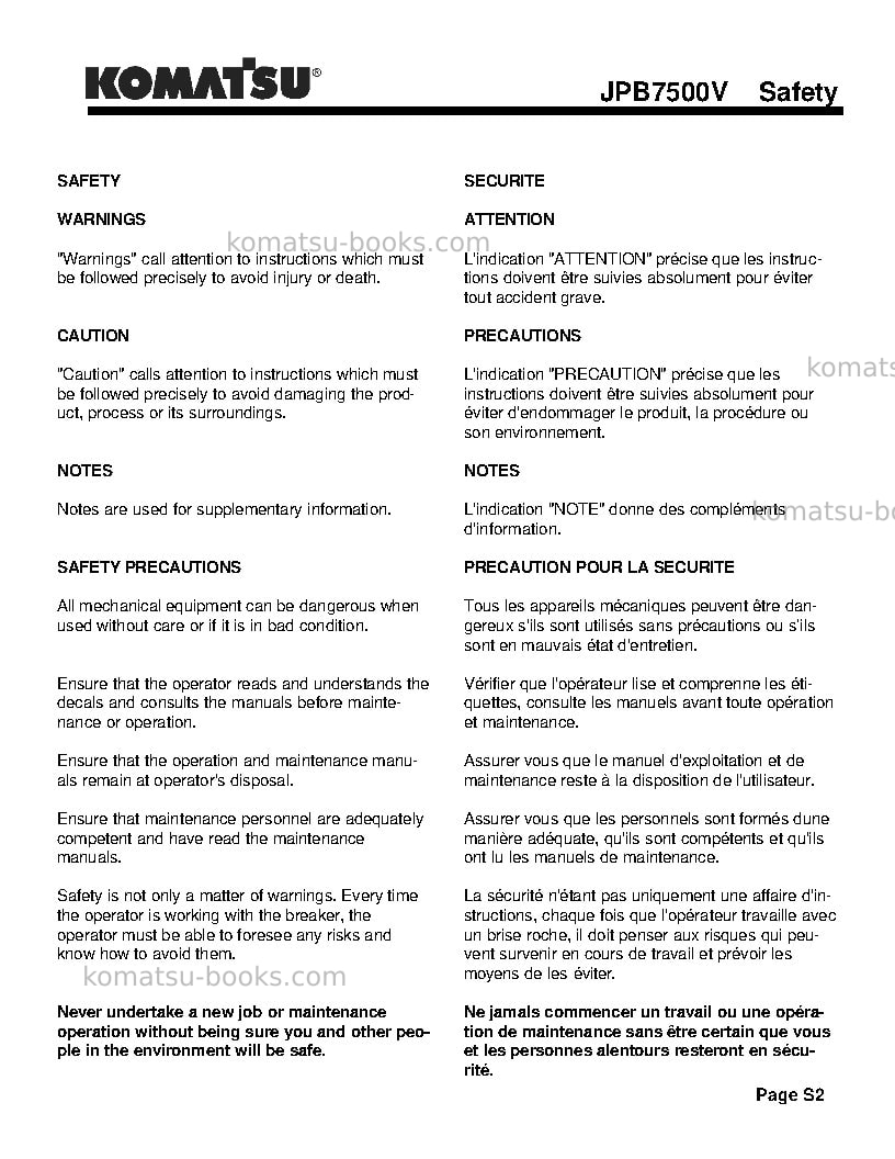 Komatsu jpb7500vusa Operation manual cover Page 7 Komatsu jpb7500vusa Operation manual cover Page 7