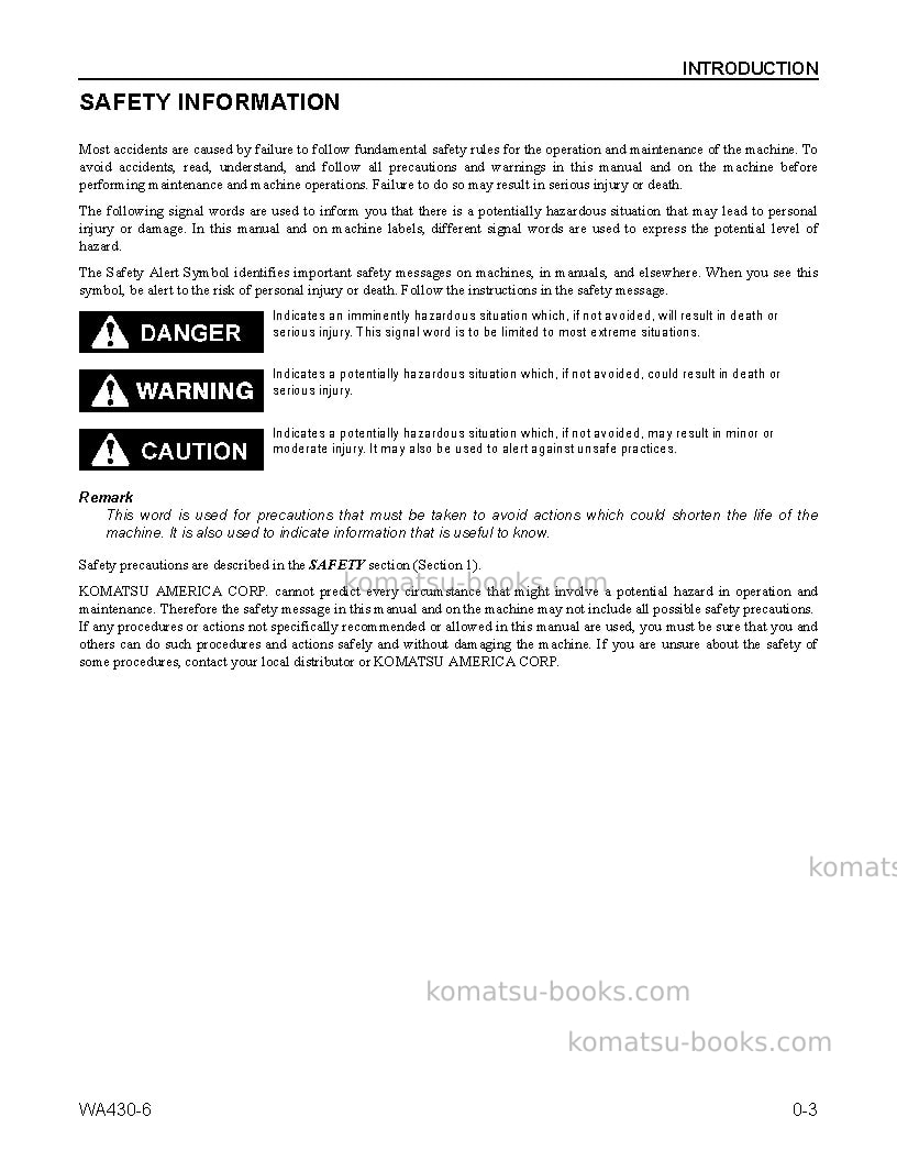 Komatsu wa430-6usa Operation manual cover Page 7 Komatsu wa430-6usa Operation manual cover Page 7