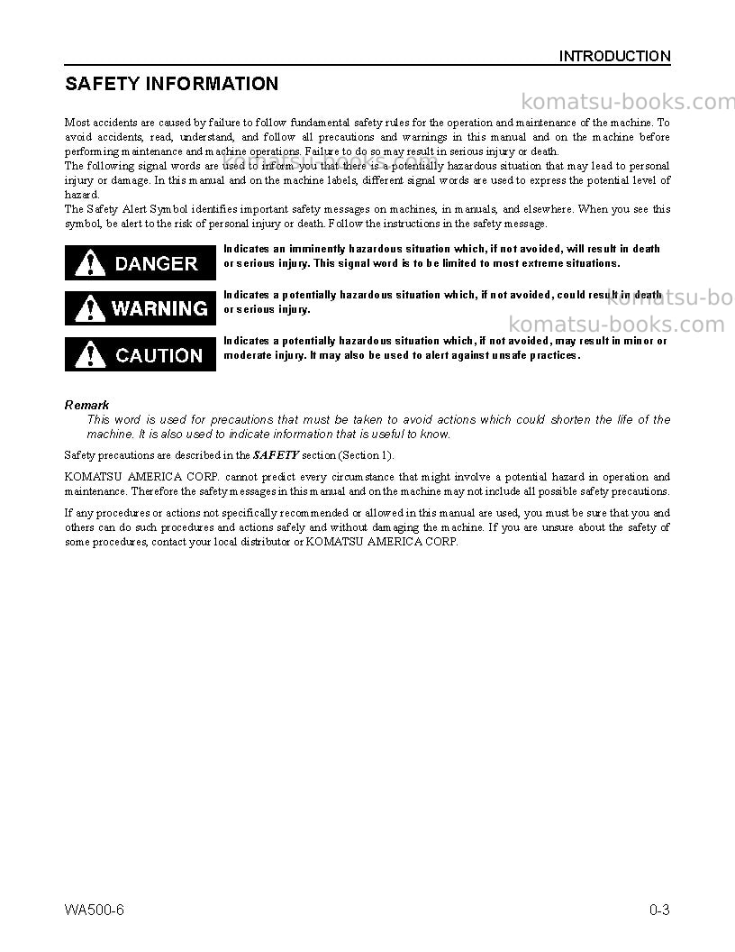 Komatsu wa500-6usa Operation manual cover Page 7 Komatsu wa500-6usa Operation manual cover Page 7