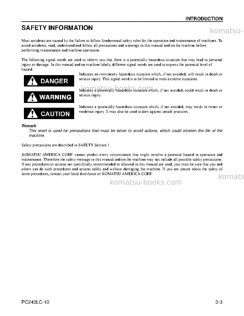 Komatsu pc240lc-10usa Operation manual cover Page 7 Komatsu pc240lc-10usa Operation manual cover Page 7