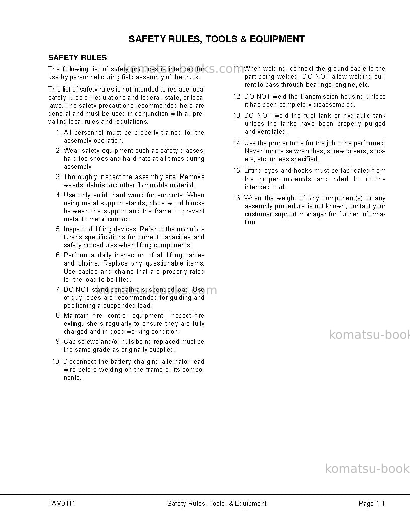 Komatsu hd1500-7usa Field assembly manual cover Page 7 Komatsu hd1500-7usa Field assembly manual cover Page 7