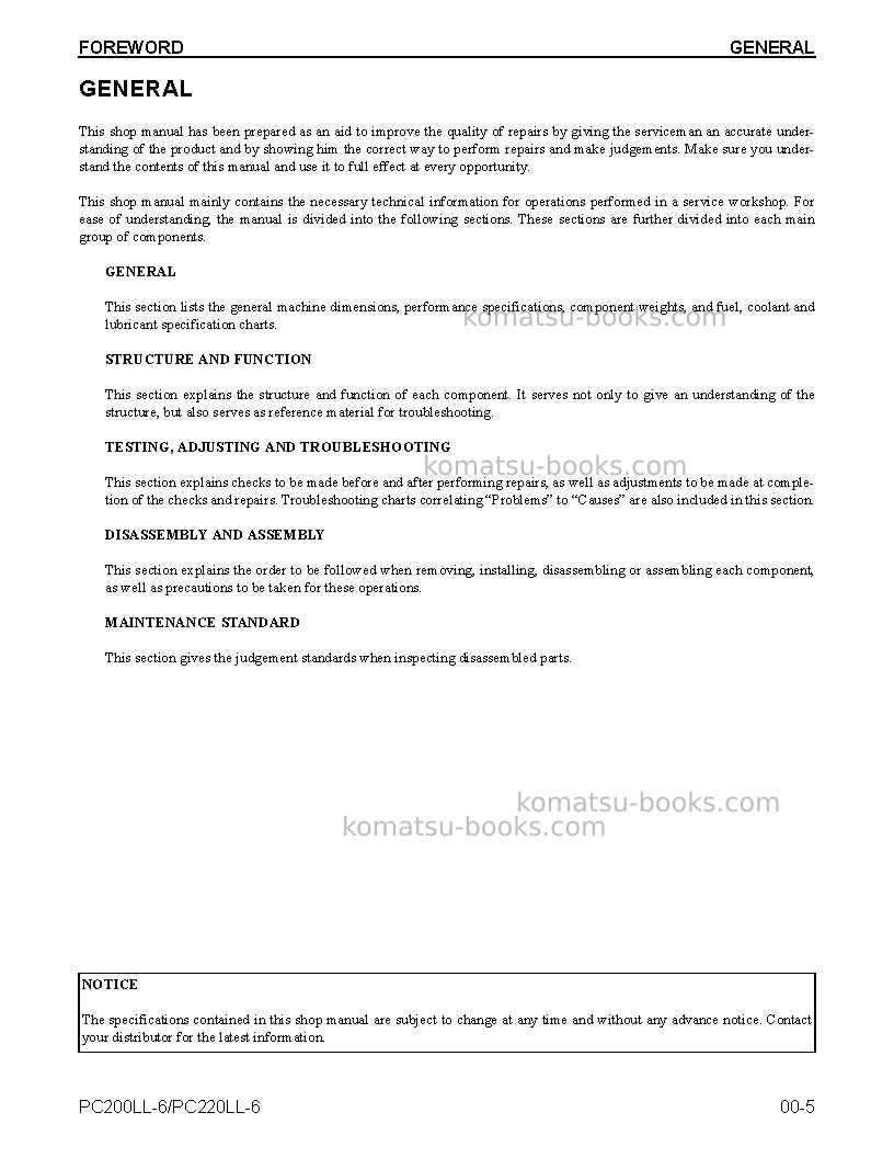 Komatsu pc200ll-6usa Repair & maintenance cover Page 7 Komatsu pc200ll-6usa Repair & maintenance cover Page 7