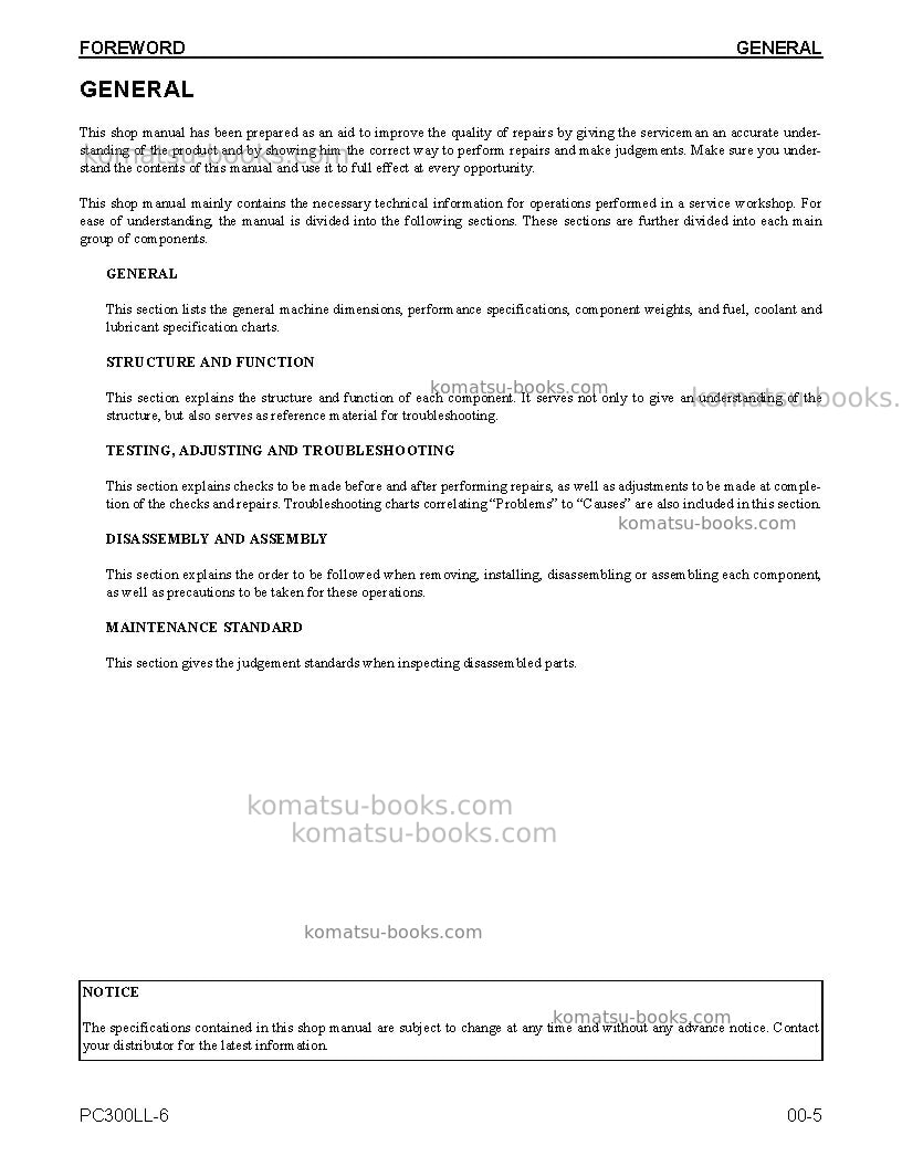 Komatsu pc300ll-6usa Repair & maintenance cover Page 7 Komatsu pc300ll-6usa Repair & maintenance cover Page 7