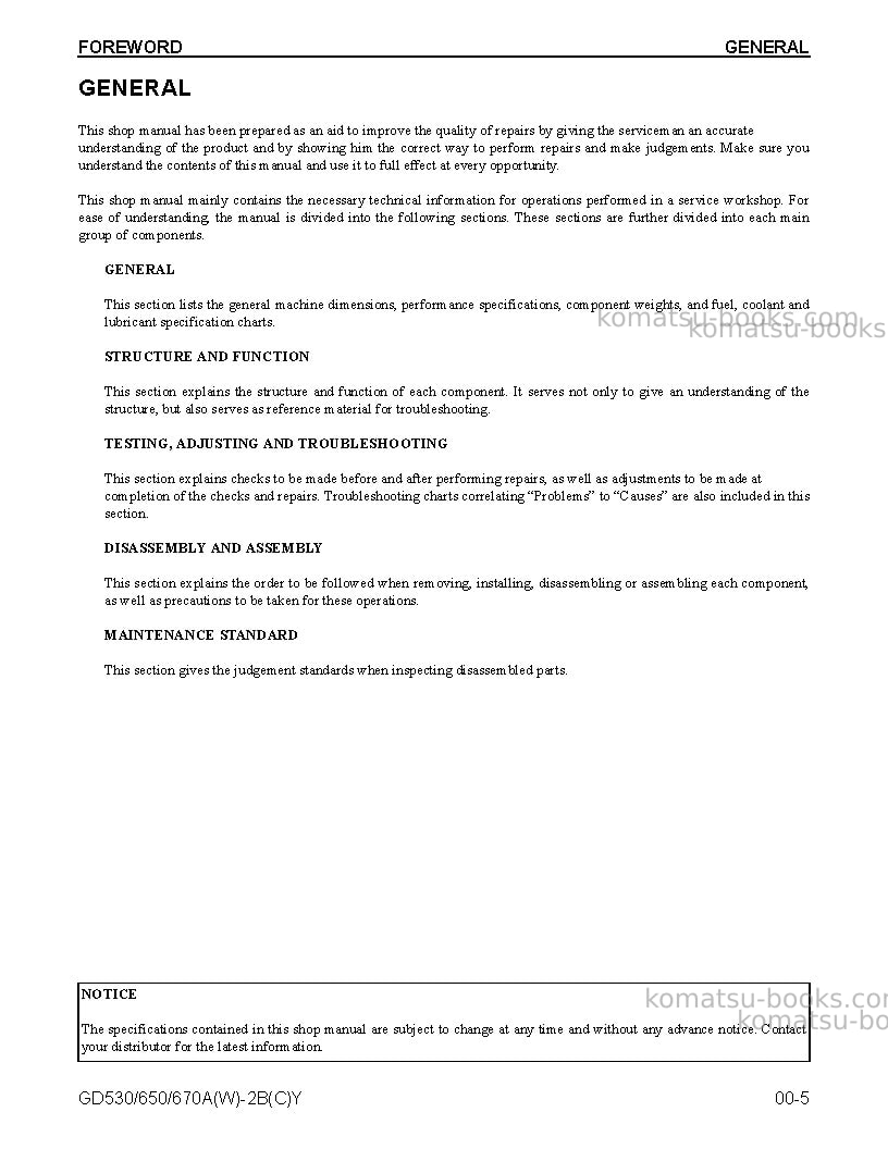 Komatsu gd670a-2usa-by Repair & maintenance cover Page 7 Komatsu gd670a-2usa-by Repair & maintenance cover Page 7