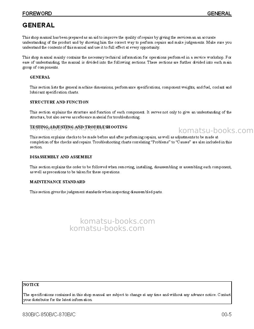Komatsu 850c Repair & maintenance cover Page 7 Komatsu 850c Repair & maintenance cover Page 7