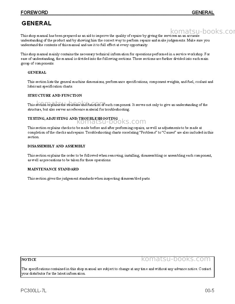 Komatsu pc300ll-7usa-l Repair & maintenance cover Page 7