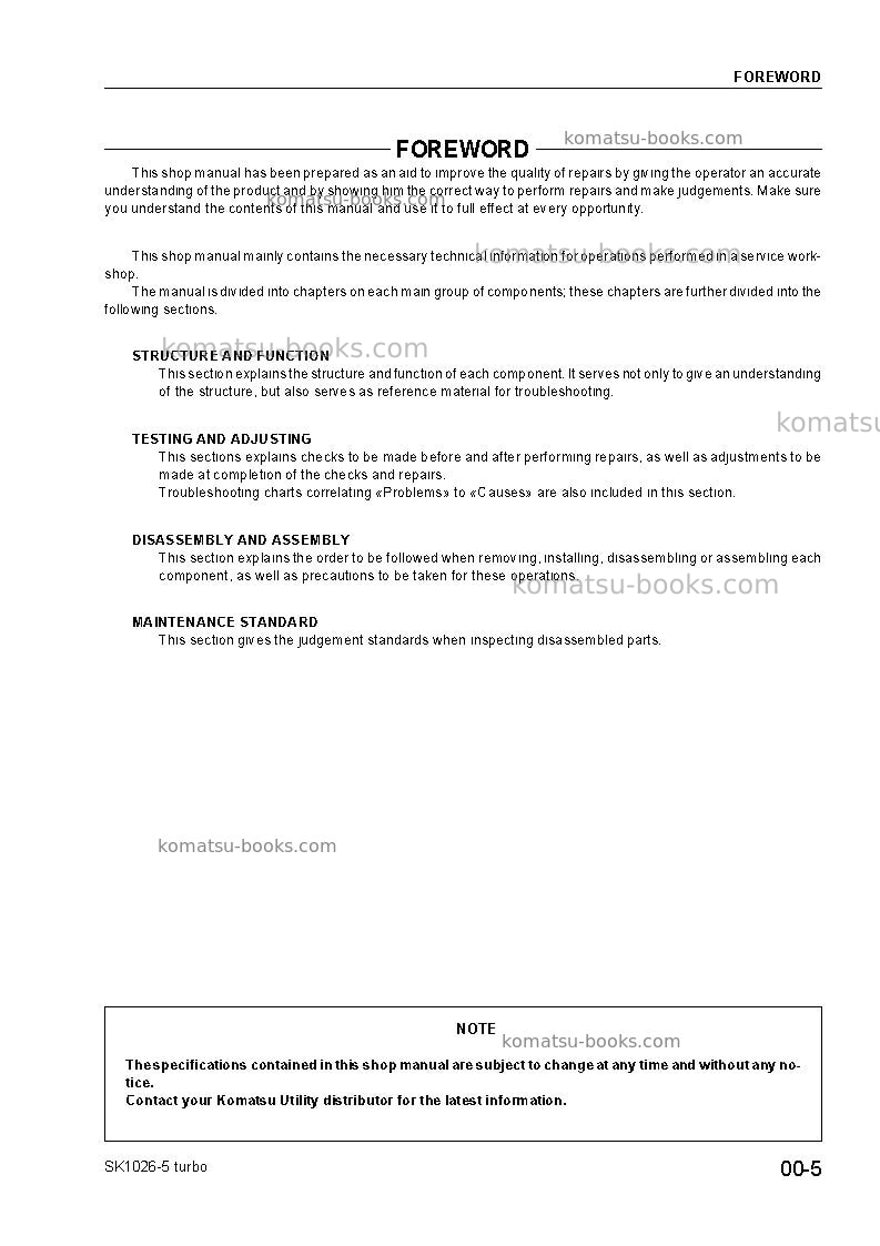 Komatsu sk1026-5usa-n Repair & maintenance cover Page 7