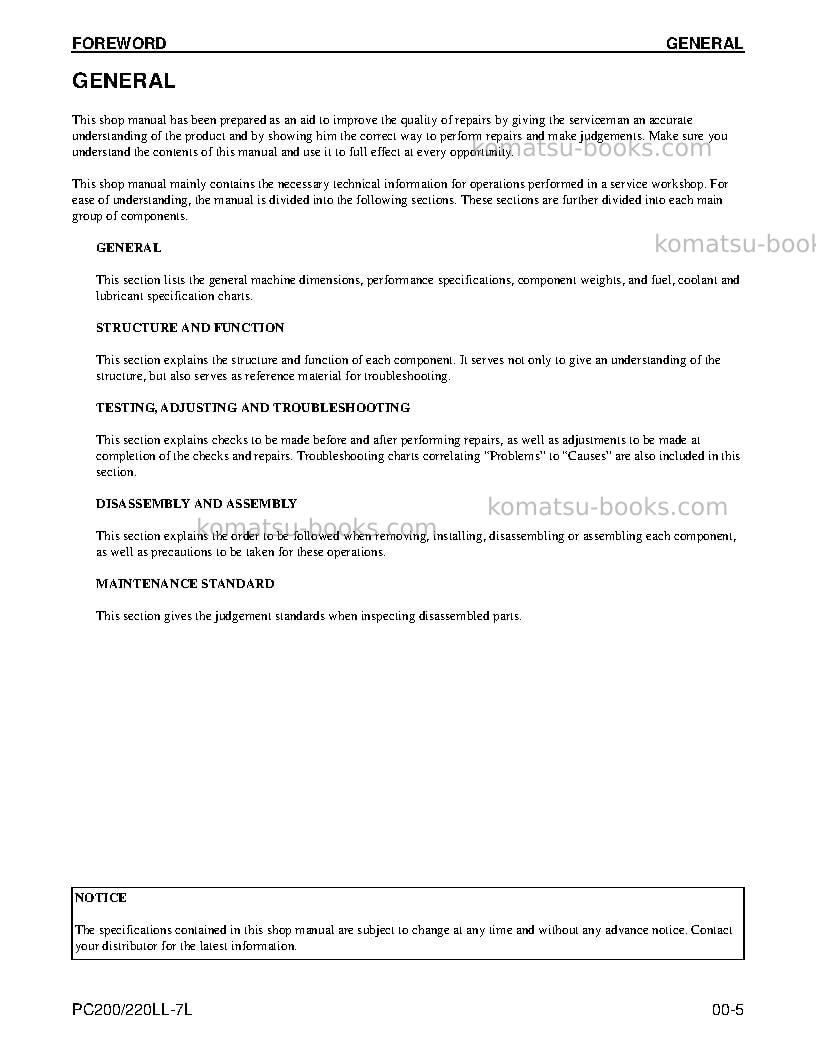 Komatsu pc220ll-7usa-l Repair & maintenance cover Page 7 Komatsu pc220ll-7usa-l Repair & maintenance cover Page 7