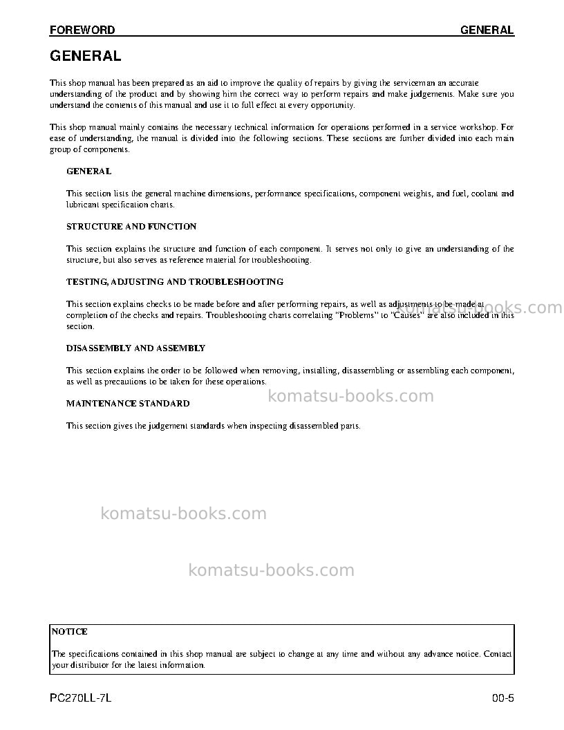 Komatsu pc270ll-7usa-l Repair & maintenance cover Page 7